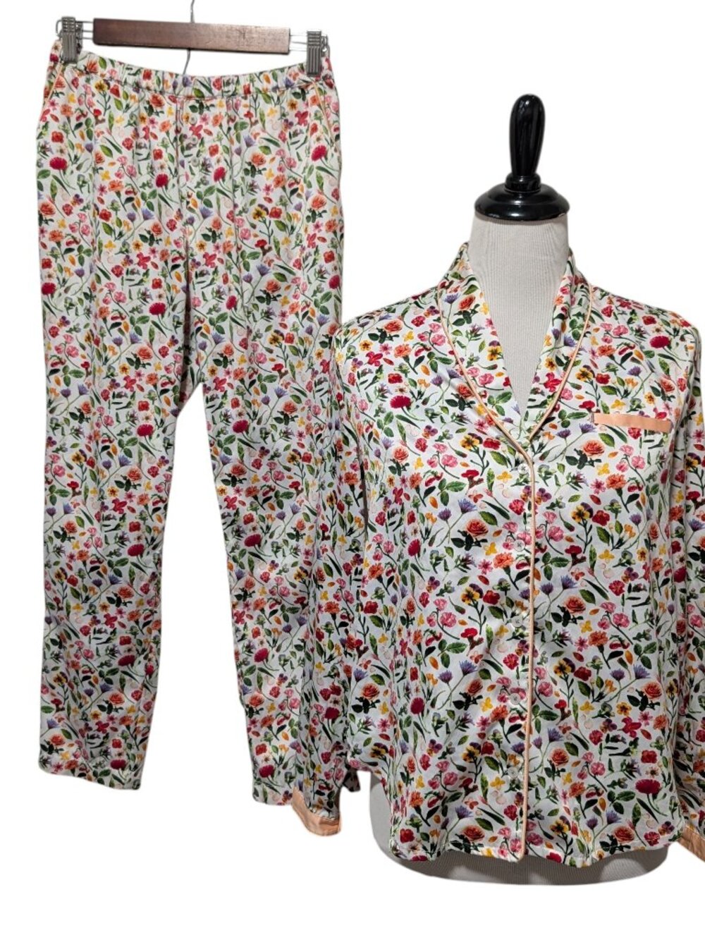 E by Eloise Anthropologie Womens Size XS Floral Silky Pajama Top Botton Set